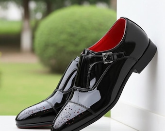 Black Patent Leather Dress Shoes for Men – Luxury Buckle Formal Shoes with Red Lining