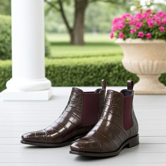Handmade Crocodile Embossed Brown Chelsea Boots | Luxury  display picture 1