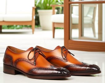 Handgemaakte bruin-bruine leren brogue-derbyschoenen voor heren | Klassieke geklede schoenen