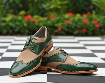 Green & Beige Wingtip Brogue Oxford Shoes for Men | Handmade Leather Dress Shoes