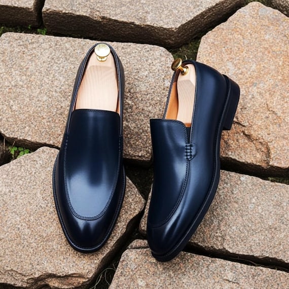 Men's Navy Blue Leather Loafers | Handmade Slip-on Formal Dress Shoes - Etsy