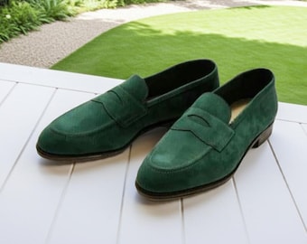 Mocasines de ante verde hechos a mano para hombre, zapatos de vestir verdes sin cordones