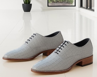 Handmade Gray Alligator Embossed Leather Oxford Shoes for Men | luxury Wholecut Dress Shoes