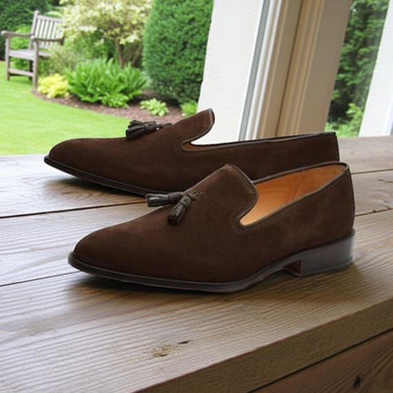 Handmade Brown Suede Tassel Loafers: Men display picture 1