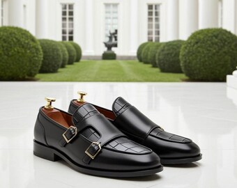 Black Alligator Embossed Double Monk Strap Shoes – Luxury Leather Formal Dress Shoes for Men