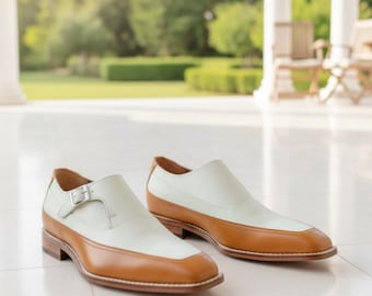 Handmade Cream Honey Side Buckle Leather Dress Shoes Formal Wedding Leather Sole Luxury