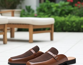 Handmade Brown Leather Fabric Mules for Men | Backless Slip-On Loafers & Luxury Casual Shoes