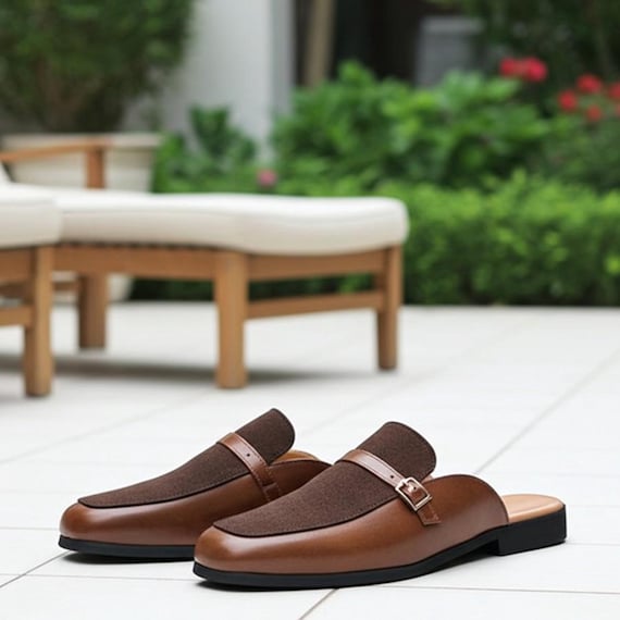 Handmade Brown Leather Fabric Mules for Men | Backless Slip  display picture 3