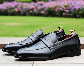Men’s Handmade Black Leather Loafers | Classic Formal Dress Footwear