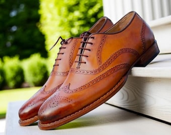 Handmade Tan Brown Leather Wingtip Brogue Shoes: Men's Formal Oxford