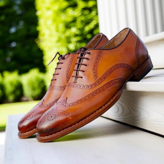 Handmade Tan Brown Leather Wingtip Brogue Shoes: Men display picture 3