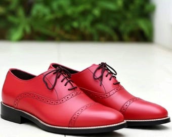 Red Cap Toe Oxford Shoes Men Handmade Leather Formal Wedding Dress Shoes