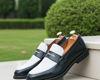 Mocasines de cuero bicolor hechos a mano: sin cordones en blanco y negro