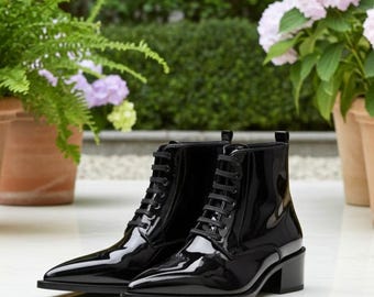 Men’s Glossy Black High Ankle Leather Boots | Pointed Toe Lace-Up Dress Footwear