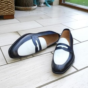 Handmade White and Blue Leather Penny Loafer Slip on Shoes for Men Two Tone Dress Shoes