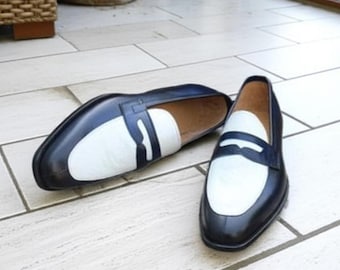 Handmade Two-Tone Leather Penny Loafers: White & Blue Slip-Ons