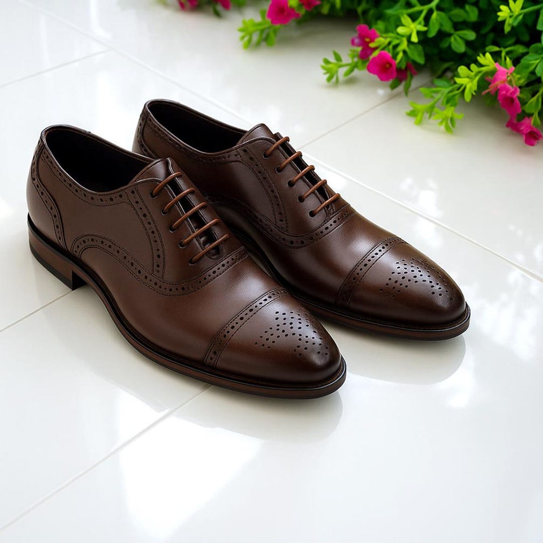 Classic Brown Leather Oxford‎ Dress Shoes Cap Toe Brogue Detail Formal Business Classic Burnished Brown Oxford Shoes for Formal  main image 3