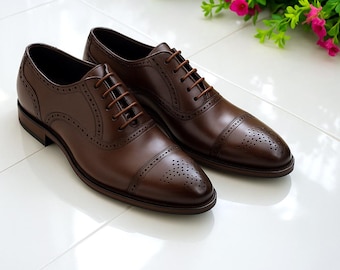 Handgemaakte bruine leren brogue oxford schoenen - geklede schoenen