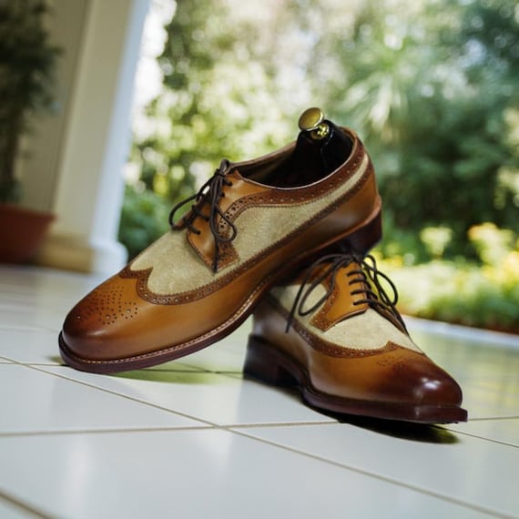 Handmade Tan Suede Leather Dress Shoes, Two-Tone Lace-Ups
