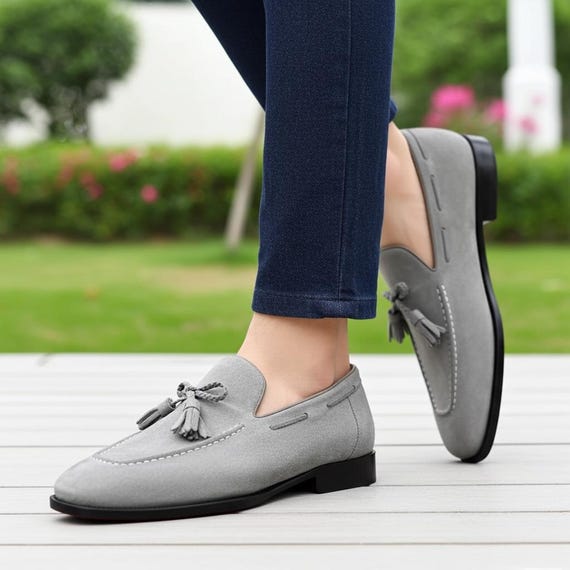 grey dress shoes outfit men Suede Tassel Loafers Slip on Leather Sole Luxury Handmade Ava Presley Dress 40027