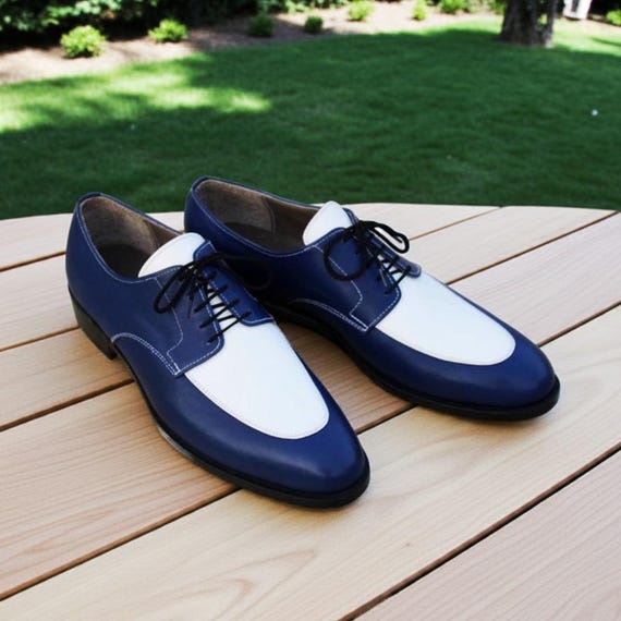 White Blue Derby Shoes Men Two Tone Handmade Leather Dress Shoes