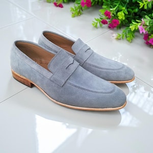 Men&#39;s Gray Suede Penny Loafer Handmade Leather Slip on Shoes, Men Fashion Party Shoes