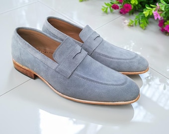 Men's Gray Suede Penny Loafer Handmade Leather Slip on Shoes, Men Fashion Party Shoes