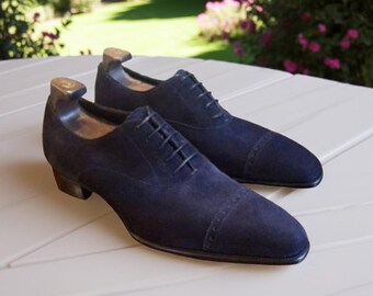 Zapatos brogue de ante azul marino hechos a mano: Zapatos de vestir Oxford de cuero para hombre