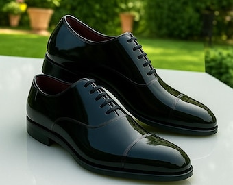 Handgefertigte schwarze Lackleder Oxford Anzug Schuhe - Klassische Cap-Toe Formelle Schuhe für Herren