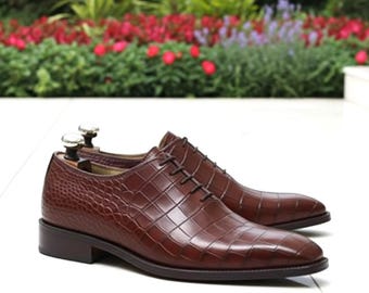 Handmade Brown Alligator Textured Leather Lace-Up Shoes | Men’s Luxury Dress Shoes