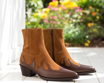 Handmade Men’s Flame Western Boots | Two-Tone Suede & Leather Cowboy Ankle Boots