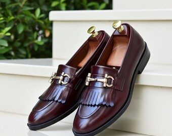 Handmade burgundy  Leather Kiltie Fringe Bit Loafers for Men | Luxury Slip-On Dress Shoes