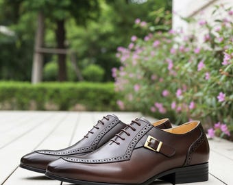 Brown Monk Strap Brogue | Men Handmade Leather Formal Dress Shoes Wedding Party Shoes