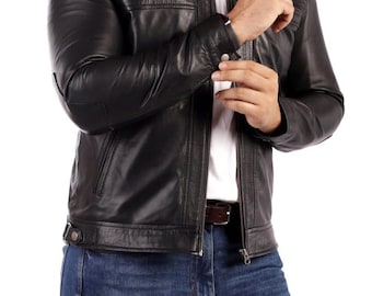 Men's Black Lambskin Leather Biker Jacket: Slim Fit Quilted Moto