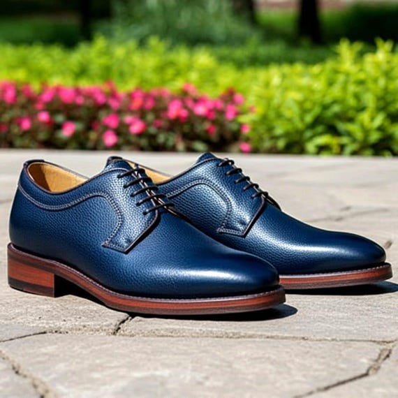 Handmade Royal Blue Leather Derby Shoes: Formal Wedding Footwear