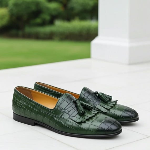 Handmade Green Crocodile Embossed Leather Tassel Fringe  display picture 3