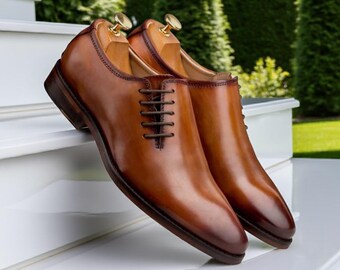 Handmade Wholecut Leather Oxford Shoes: Tan Brown Side Lace-Up
