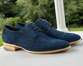 Handmade Navy Suede Wingtip Derby Shoes: Men Brogue Dress Shoes