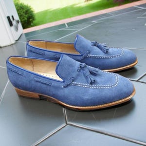 Handmade Blue Suede Tassel Loafer Leather Slip on Shoes for Men Part Wear Fashion Shoes