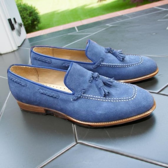 Handmade Blue Suede Tassel Loafers: Men display picture 1