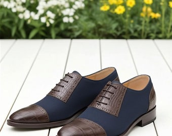 Handgjorda marinblå och bruna Oxford Brogue-skor | Lyxiga festskor för män