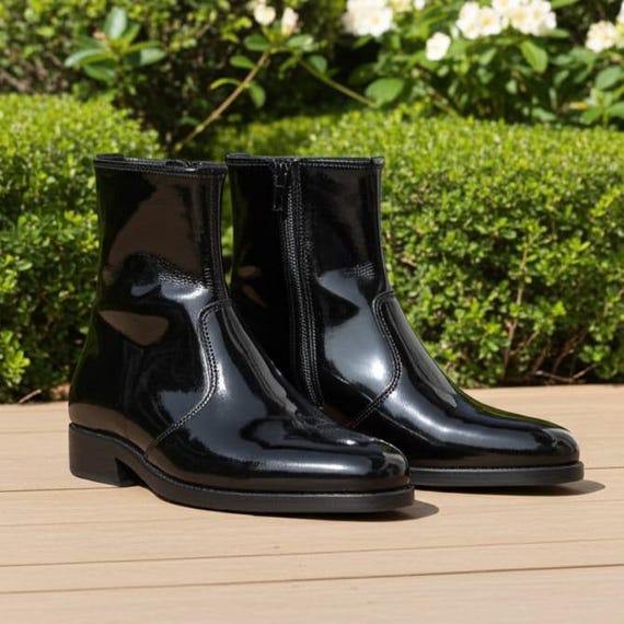 Black Patent Dress Boots for Men Side Zipper High Ankle Leather boots -  Etsy Canada