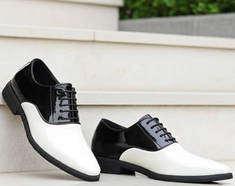 Zapatos de esmoquin Oxford blancos y negros de charol para hombre, formales, para bodas y eventos nocturnos.