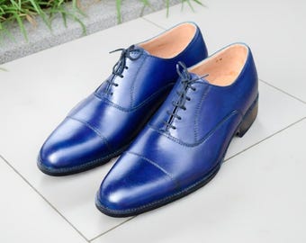 Royal Blue Cap Toe Oxford Men Handmade Leather Formal Wedding Dress Shoes