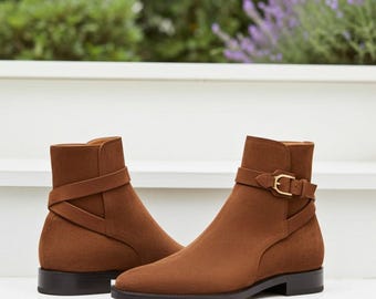 Handmade Tan Brown Suede Jodhpur Boots for Men High Ankle Leather Boots