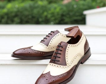 Braun Weiße Flügelspitze Brogue Schuhe Herren Handgefertigte Zweifarbige Oxford Kleid Schuhe