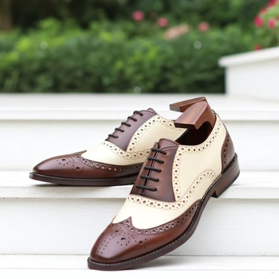 Brown White Wingtip Brogue Shoes Men Handmade Two Tone Oxford Formal Dress Shoes
