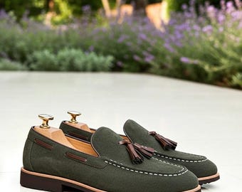 Handmade Green Suede Tassel Loafers for Men | Luxury Slip-On Shoes | Holiday Dress Footwear