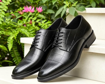 Luxury Black Alligator Embossed Leather Derby Shoes | Handmade Men’s Dress Shoes