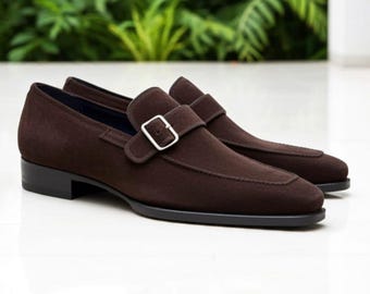 Brown Suede Single Monk Shoes Men Handmade Leather Formal Dress Shoes Buckle